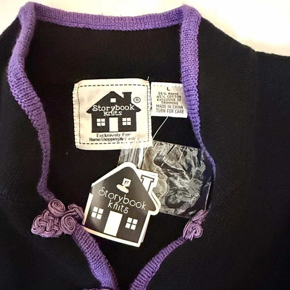 NWT Storybook Knits Black Cardigan Chinese Style Zip Front Embroidered L Vintage - Picture 11 of 14